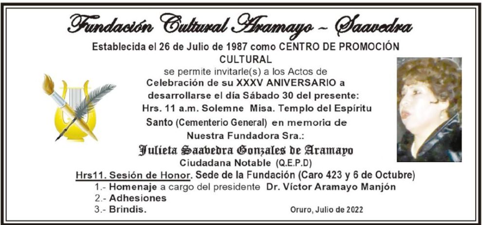Necrológico de Julieta Saavedra Gonzales de Aramayo