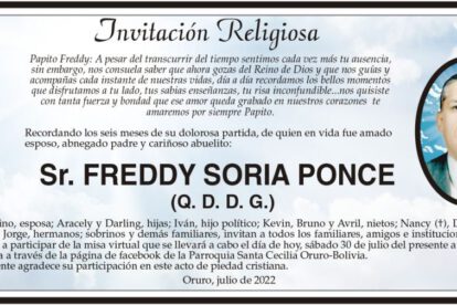 Invitación Religiosa en memoria de Freddy Soria Ponce