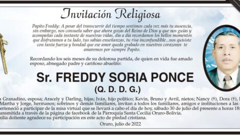 Invitación Religiosa en memoria de Freddy Soria Ponce