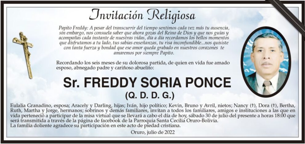 Invitación Religiosa en memoria de Freddy Soria Ponce