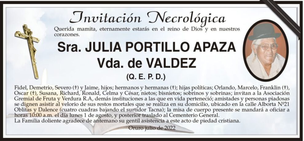 Invitación necrológica para Julia Portillo Apaza