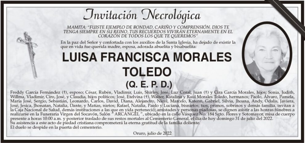 Invitación Necrológica de Luisa Francisca Morales Toledo