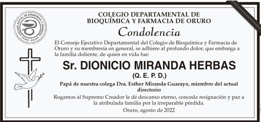Condolencia por Dionicio Miranda Herbas