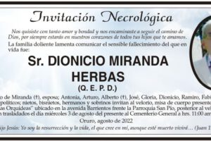 Invitación Necrológica para Dionicio Miranda Herbas