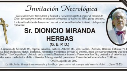 Invitación Necrológica para Dionicio Miranda Herbas