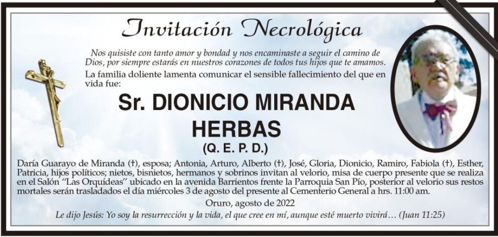 Invitación Necrológica para Dionicio Miranda Herbas