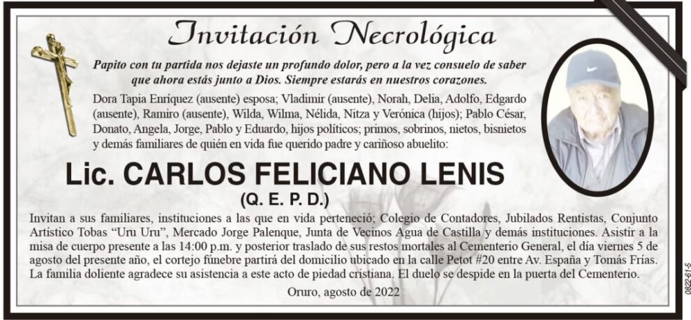 Invitación Necrológica Lic. Carlos Feliciano Lenis