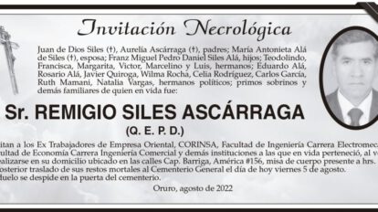 Invitación Necrológica: Sr. Remigio Siles Ascárraga