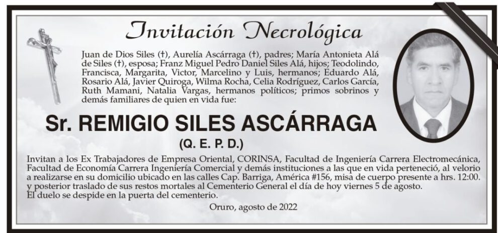 Invitación Necrológica: Sr. Remigio Siles Ascárraga