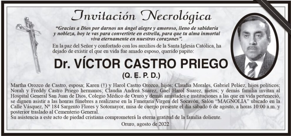 Invitación Necrológica: Dr. Víctor Castro Priego