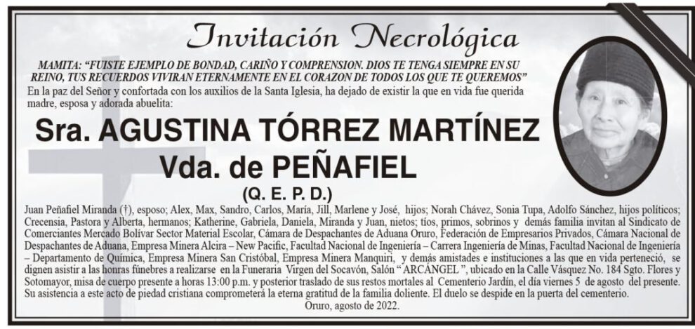 Invitación necrológica de Agustina Tórrez Martínez