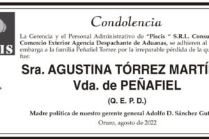 Condolencia por la pérdida de Agustina Tórrez Martínez