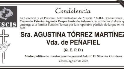 Condolencia por la pérdida de Agustina Tórrez Martínez