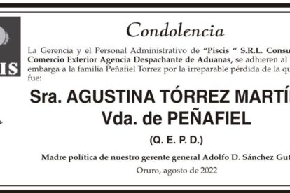 Condolencia por la pérdida de Agustina Tórrez Martínez