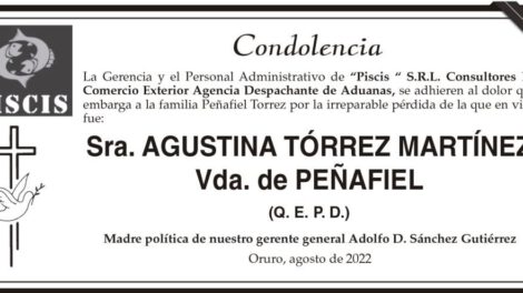 Condolencia por la pérdida de Agustina Tórrez Martínez