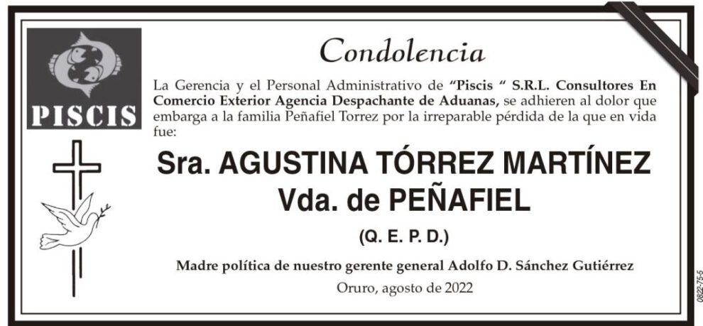Condolencia por la pérdida de Agustina Tórrez Martínez