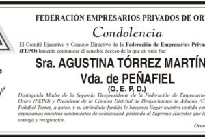Condolencias por el fallecimiento de Agustina Tórrez Martínez