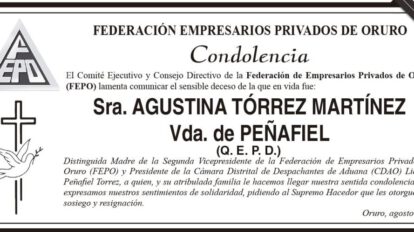 Condolencias por el fallecimiento de Agustina Tórrez Martínez