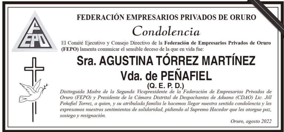 Condolencias por el fallecimiento de Agustina Tórrez Martínez