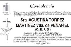 Condolencias por el fallecimiento de Agustina Tórrez Martínez