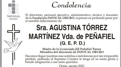 Condolencias por el fallecimiento de Agustina Tórrez Martínez