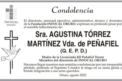Condolencias por el fallecimiento de Agustina Tórrez Martínez