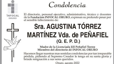 Condolencias por el fallecimiento de Agustina Tórrez Martínez