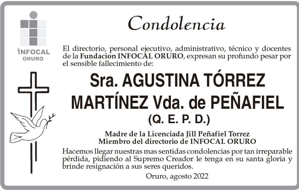 Condolencias por el fallecimiento de Agustina Tórrez Martínez