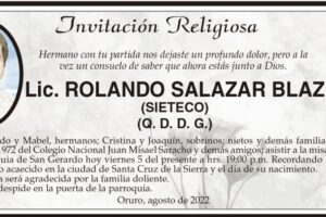 Invitación religiosa para la misa en honor a Lic. Rolando Salazar Blaz