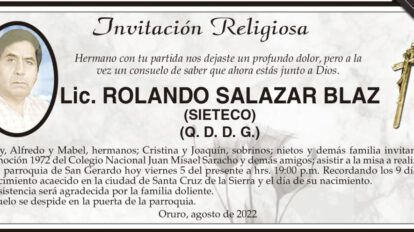 Invitación religiosa para la misa en honor a Lic. Rolando Salazar Blaz