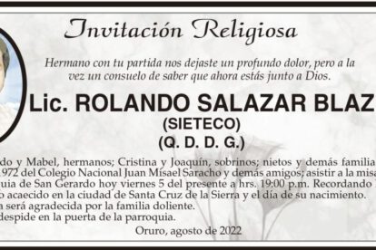 Invitación religiosa para la misa en honor a Lic. Rolando Salazar Blaz