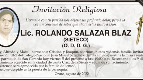 Invitación religiosa para la misa en honor a Lic. Rolando Salazar Blaz