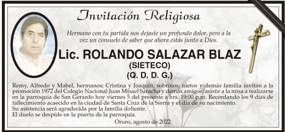 Invitación religiosa para la misa en honor a Lic. Rolando Salazar Blaz