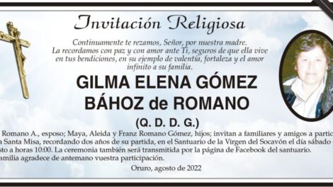 Invitación Religiosa: Gilma Elena Gómez Bához de Romano