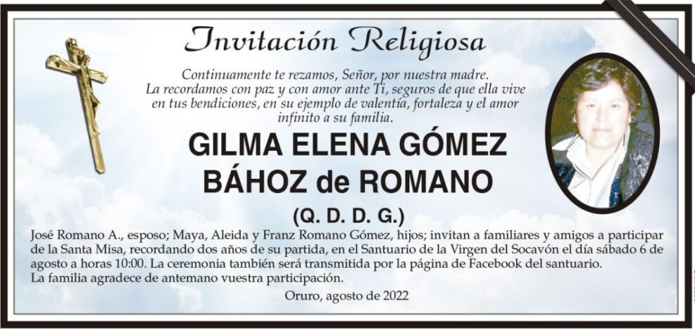 Invitación Religiosa: Gilma Elena Gómez Bához de Romano