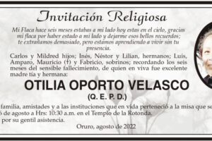 Otilia Oporto Velasco, invitación religiosa en su memoria