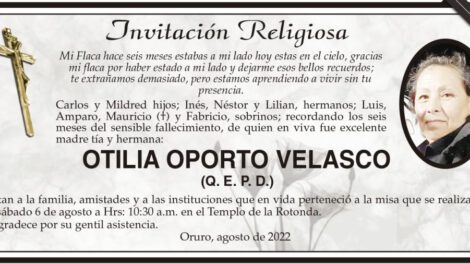 Otilia Oporto Velasco, invitación religiosa en su memoria