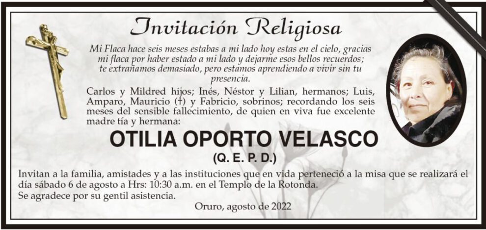 Otilia Oporto Velasco, invitación religiosa en su memoria