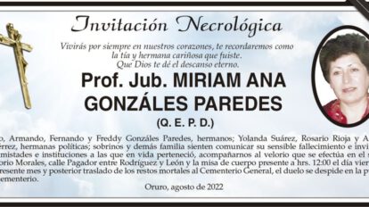 Invitación Necrológica: Prof. Jub. MIRIAM ANA GONZÁLES PAREDES