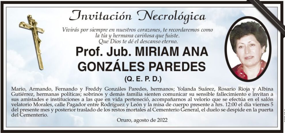 Invitación Necrológica: Prof. Jub. MIRIAM ANA GONZÁLES PAREDES