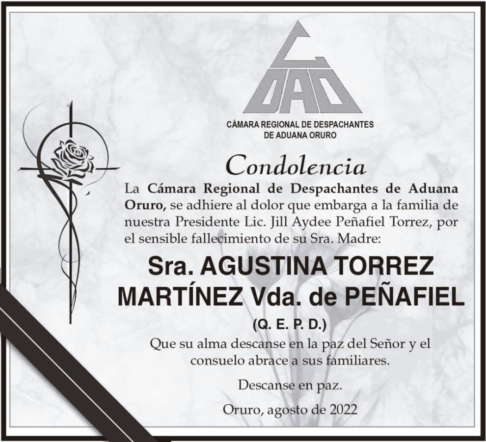 Condolencia por el fallecimiento de Agustina Torrez Martínez