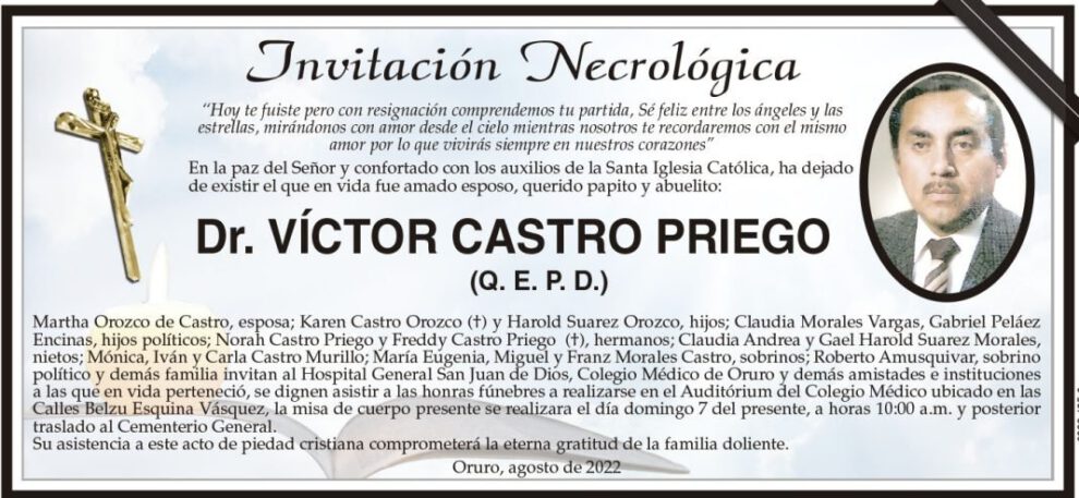 Necrológica del Dr. Víctor Castro Priego