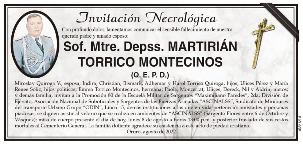 Invitación Necrológica Sof. Mtre. Depss. MARTIRIÁN TORRICO MONTECINOS