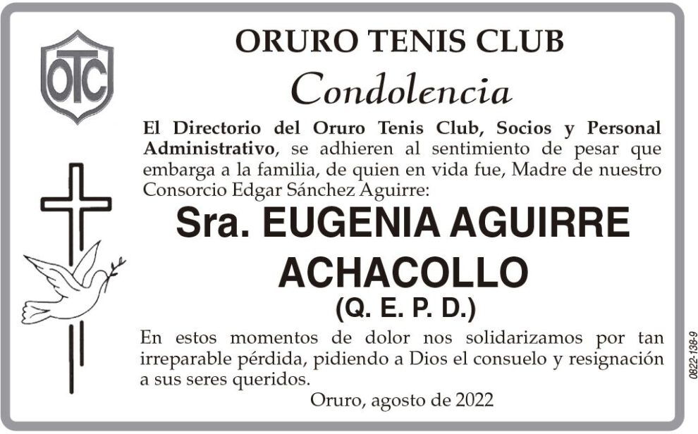 Condolencia por la Sra. Eugenia Aguirre Achacollo