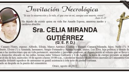 Invitación necrológica de Celia Miranda Gutiérrez