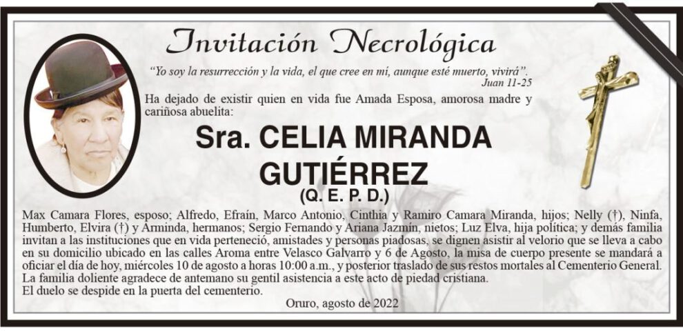 Invitación necrológica de Celia Miranda Gutiérrez