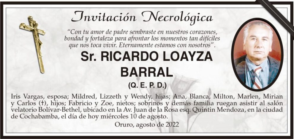 Invitación Necrológica: Sr. Ricardo Loayza Barral (Q. E. P. D.)