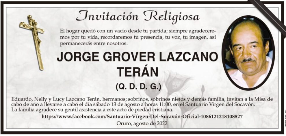 Invitación Religiosa para JORGE GROVER LAZCANO TERÁN