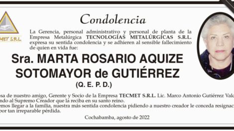 Condolencia por el fallecimiento de Marta Rosario Aquize Sotomayor