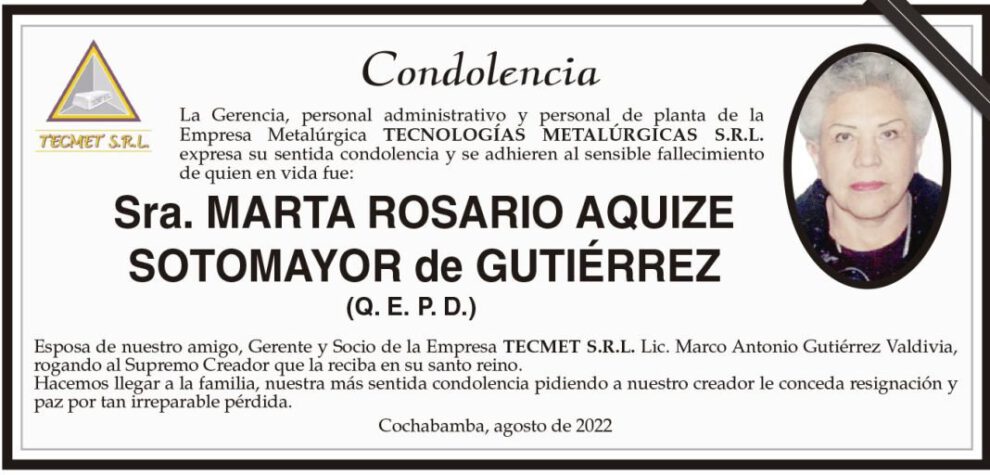 Condolencia por el fallecimiento de Marta Rosario Aquize Sotomayor